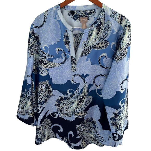 Chico's Blue Swirl Paisley Split V-Neck Tunic Blouse Top Sz 3 XL Long Sleeve - Picture 2 of 7